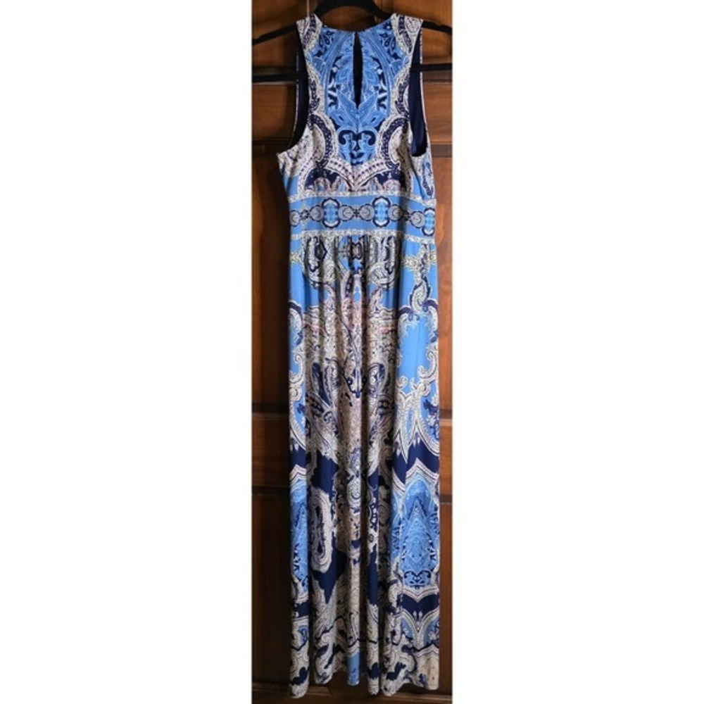 506 London Times Wom Blue Paisley Sleeveless Pleated Maxi Dress Size 4 Boho Gown - Picture 2 of 4